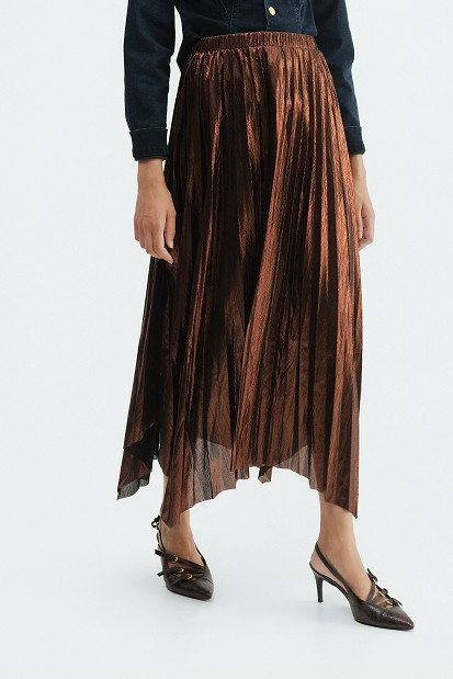 Midi pleated metallic skirt