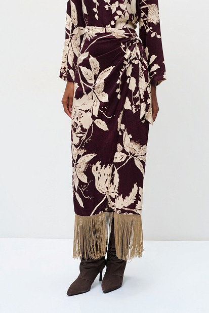 Maxi floral wrap skirt with fringed hem