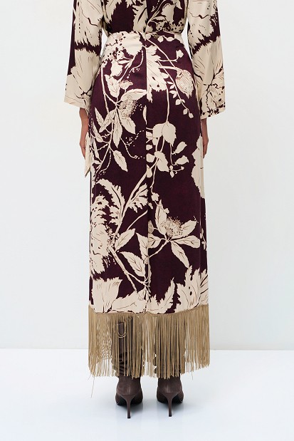 Maxi floral wrap skirt with fringed hem