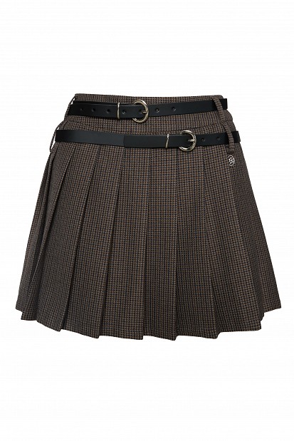 Mini pleated pied-de-poule skirt, back zip closure, regular fit