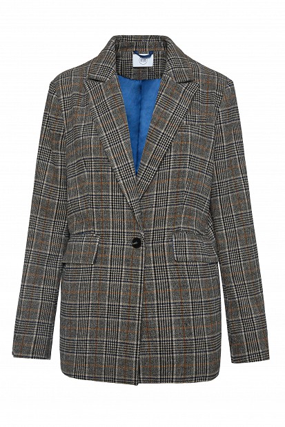 Plaid wool blazer with detachable fur