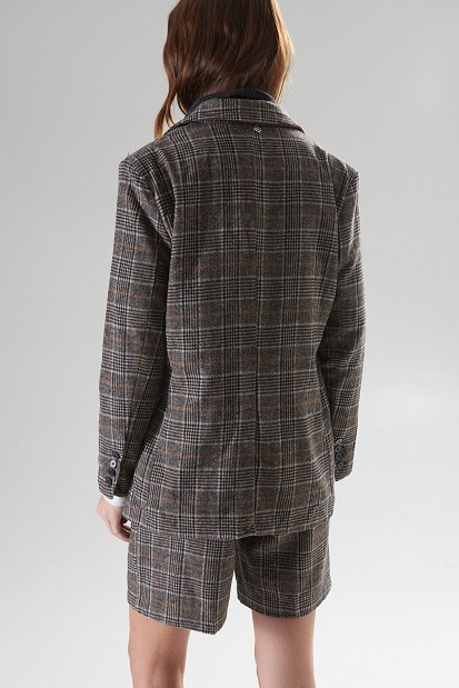 Plaid wool blazer with detachable fur