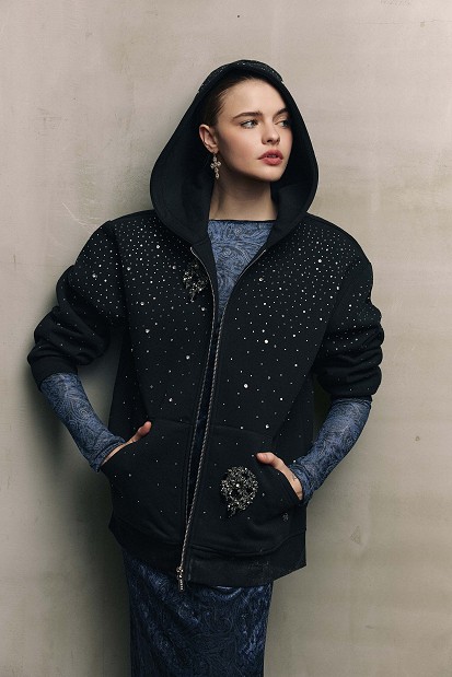 Hooded sweatshirt cardigan with rhinestone embellishments