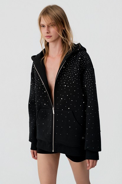 Hooded sweatshirt cardigan with rhinestone embellishments
