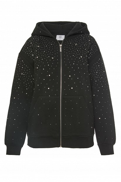 Hooded sweatshirt cardigan with rhinestone embellishments