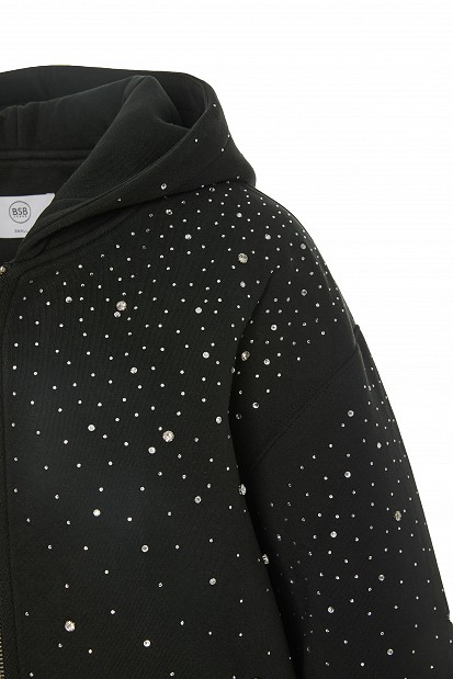 Hooded sweatshirt cardigan with rhinestone embellishments