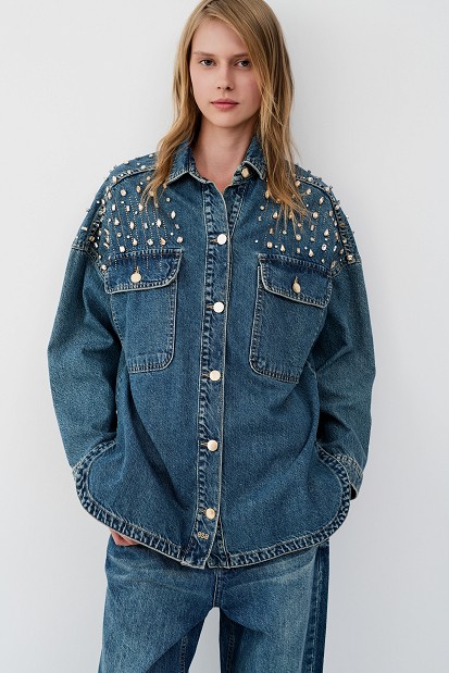 Denim overshirt με γυαλιστερές πέτρες