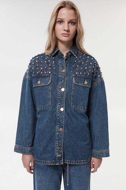 Cămașă stil jachetă din denim cu pietricele