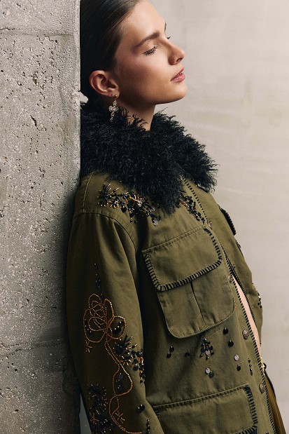 Embroidered jacket with fur detailing