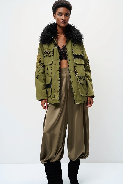 Embroidered jacket with fur detailing