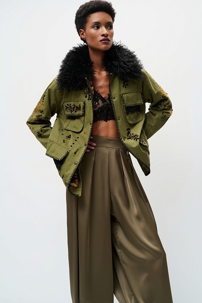 Embroidered jacket with fur detailing