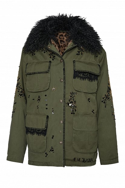 Embroidered jacket with fur detailing