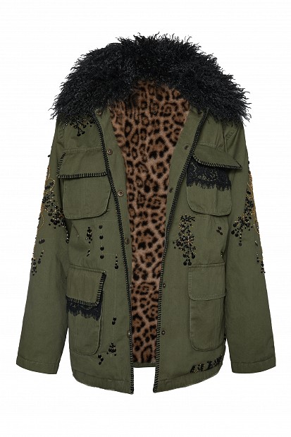 Embroidered jacket with fur detailing