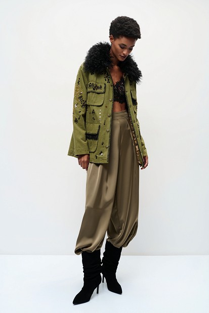 Embroidered jacket with fur detailing