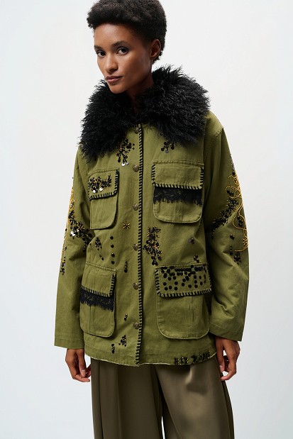 Embroidered jacket with fur detailing