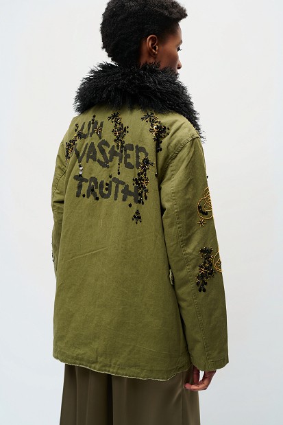 Embroidered jacket with fur detailing