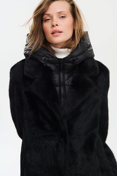 Faux fur coat with detachable hood