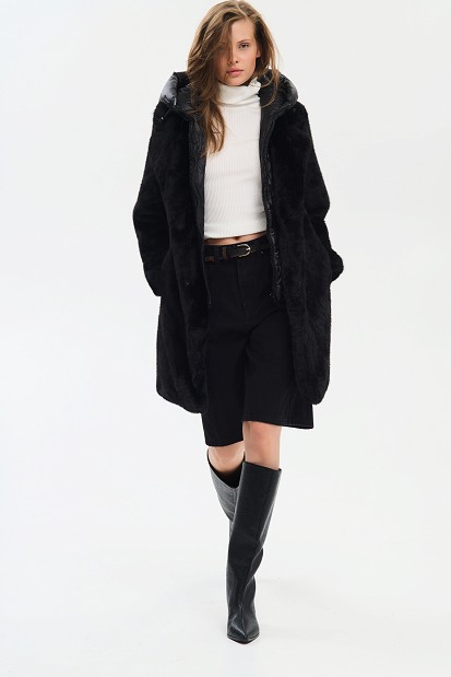 Faux fur coat with detachable hood