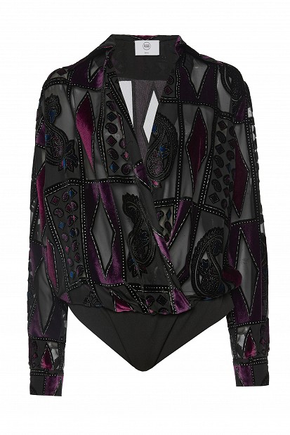 Sheer bodysuit with geometric patterns and velvet details