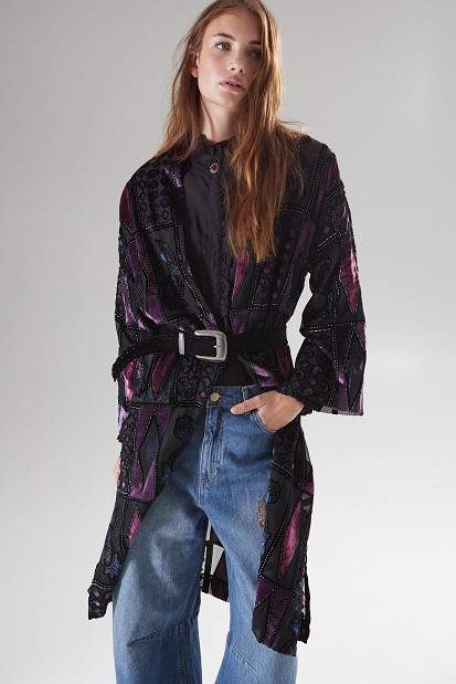 Sheer tunic with geometric and paisley patterns