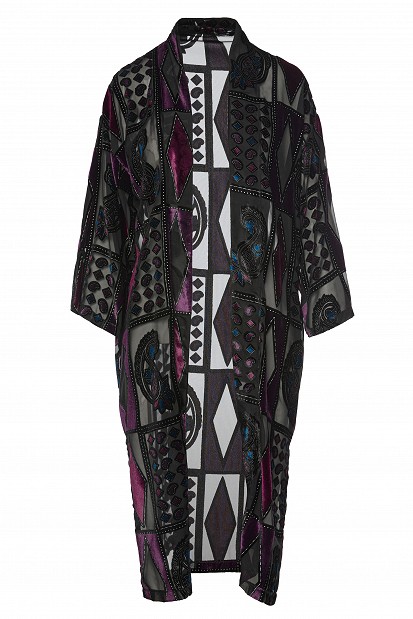 Sheer tunic with geometric and paisley patterns