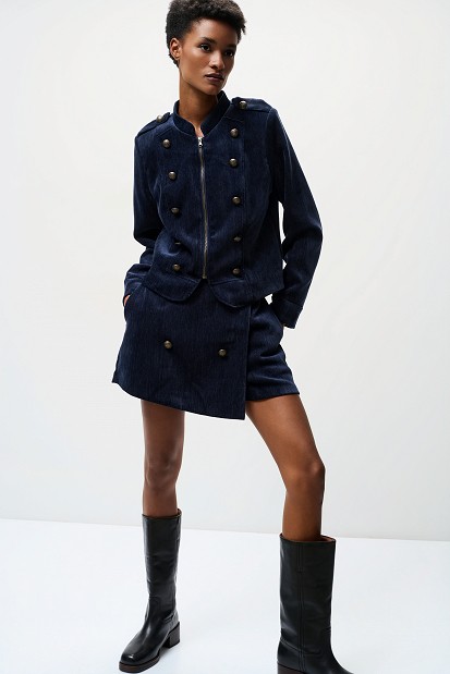 Velvet-look shorts with decorative buttons