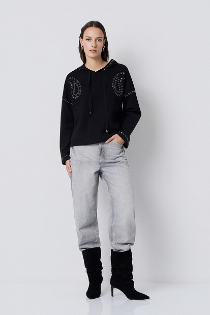 Hooded sweater with rhinestone embellishments