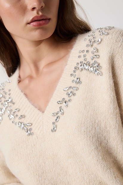 V-neck sweater with embellished stones