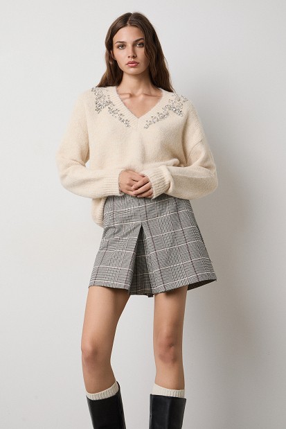 V-neck sweater with embellished stones