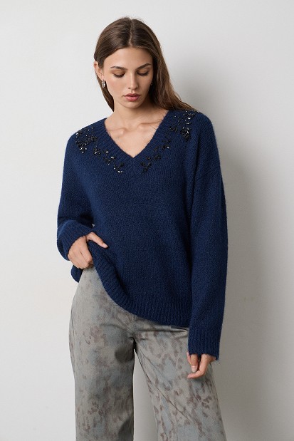 V-neck sweater with embellished stones