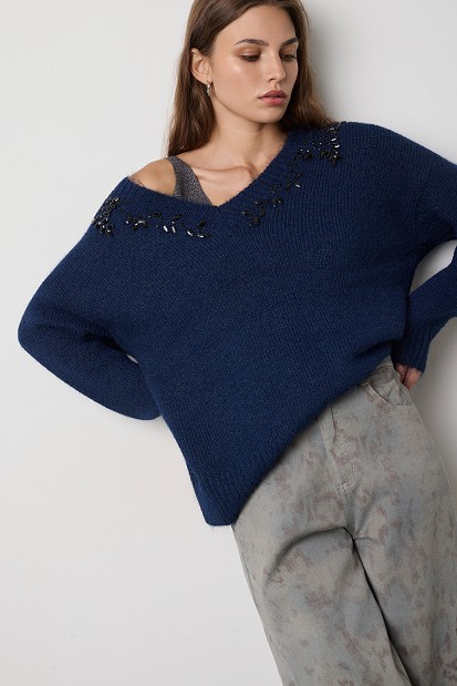 V-neck sweater with embellished stones