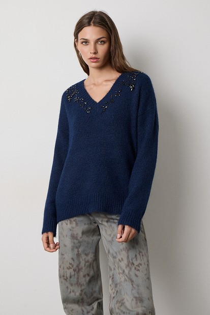 V-neck sweater with embellished stones