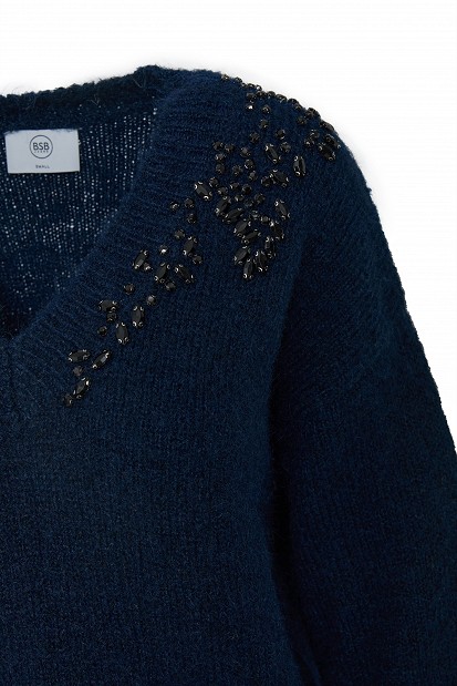 V-neck sweater with embellished stones
