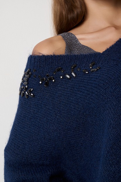 V-neck sweater with embellished stones