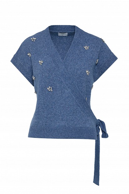 Wrap sweater with decorative stones