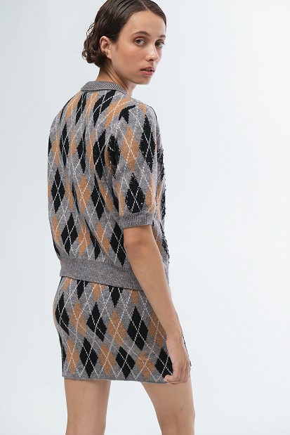 Polo sweater with argyle pattern and rhinestones