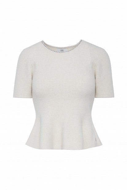 Pulover stil peplum cu decolteu cu pietricele