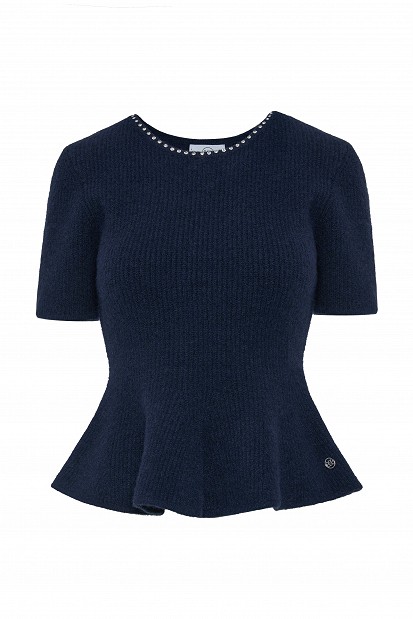 Pulover stil peplum cu decolteu cu pietricele