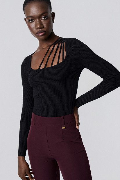 Ribbed sweater with rhinestone detailing