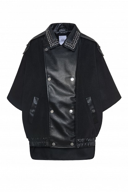 Cape with a combination of leather-look and wool fabric