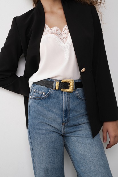 Leather belt with a gold-tone buckle
