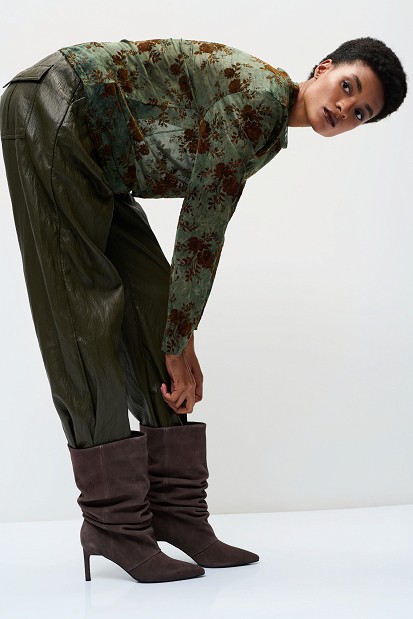 Suede high-knee boots with gathered detailing