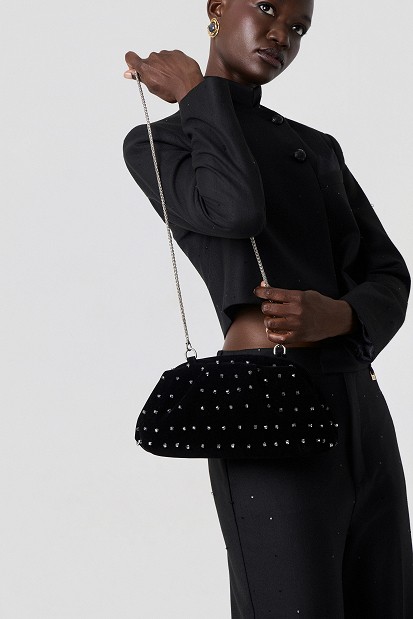 Velvet clutch bag with rhinestones