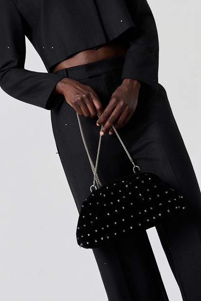 Velvet clutch bag with rhinestones