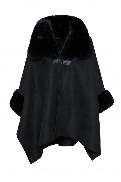 Suede cape with faux fur