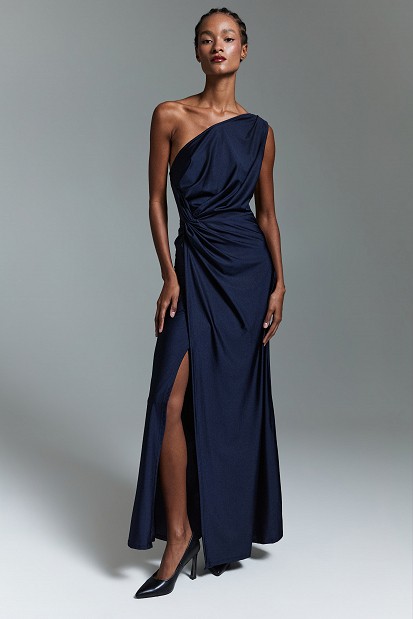Maxi one-shoulder dress with ruching - Gold label