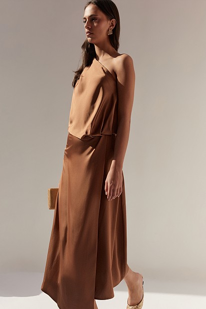 Midi satin asymmetric dress with one shoulder - Gold label
