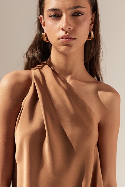 Midi satin asymmetric dress with one shoulder - Gold label