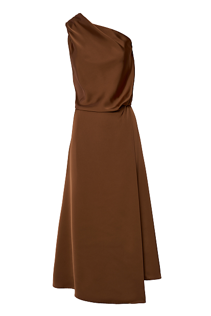 Midi satin asymmetric dress with one shoulder - Gold label
