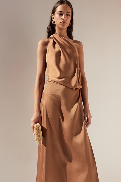 Midi satin asymmetric dress with one shoulder - Gold label